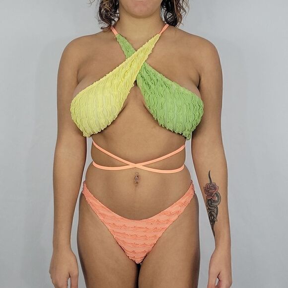 Multi-Color Block Criss-Cross Lace Up Textured Bikini Swimsuit 2 Piece Set - Picture 1 of 6